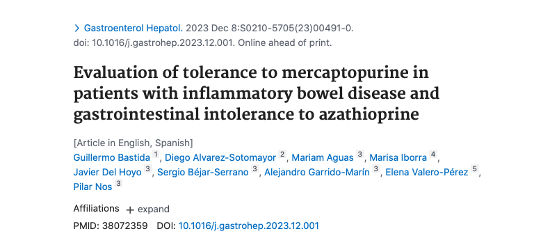 Nuevo artículo: Evaluación de la tolerancia a la mercaptopurina en pacientes con EII e intolerancia gastrointestinal a la azatioprina