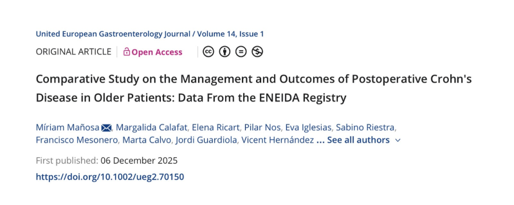 Nuevo estudio internacional con datos del registro ENEIDA analiza el manejo y resultados de la enfermedad de Crohn post-operatoria en pacientes mayores